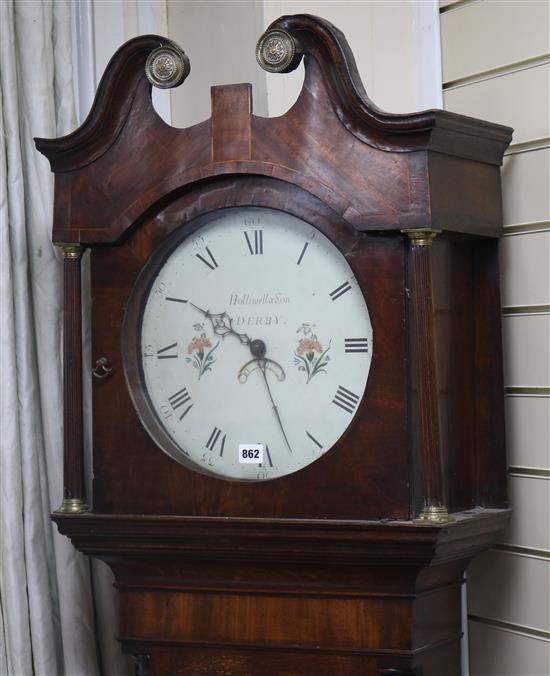 An early 19th century oak and mahogany cased 30 hour longcase clock by Hollywell & Son, Derby H.310cm